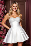 Strapless Satin A Line White Homecoming Dress with Rhinestone