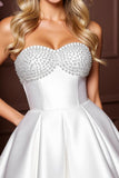 Strapless Satin A Line White Homecoming Dress with Rhinestone