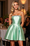 A Line Strapless Short Green Homecoming Dress with Rhinestone