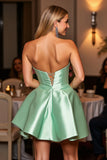 A Line Strapless Short Green Homecoming Dress with Rhinestone