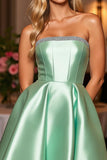A Line Strapless Short Green Homecoming Dress with Rhinestone