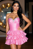 Strapless Tiered Satin A Line Hot Pink Homecoming Dress with Ruffles