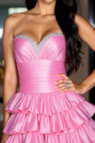 Strapless Tiered Satin A Line Hot Pink Homecoming Dress with Ruffles
