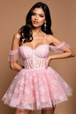 Pink Tulle A Line Off the Shoulder Short Homecoming Dress with Lace
