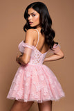 Pink Tulle A Line Off the Shoulder Short Homecoming Dress with Lace