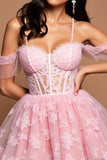 Pink Tulle A Line Off the Shoulder Short Homecoming Dress with Lace