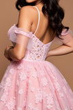 Pink Tulle A Line Off the Shoulder Short Homecoming Dress with Lace