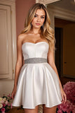Satin A Line Strapless Short White Homecoming Dress with Rhinestone