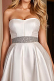 Satin A Line Strapless Short White Homecoming Dress with Rhinestone