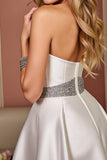 Satin A Line Strapless Short White Homecoming Dress with Rhinestone