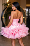 Hot Pink A Line Short Satin Homecoming Dress with Ruffles