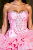 Hot Pink A Line Short Satin Homecoming Dress with Ruffles