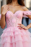 Tulle A Line Off the Shoulder Short Pink Homecoming Dress with Ruffles