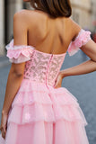 Tulle A Line Off the Shoulder Short Pink Homecoming Dress with Ruffles
