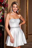 White Short Satin A Line Strapless Homecoming Dress with Rhinestone