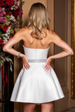 White Short Satin A Line Strapless Homecoming Dress with Rhinestone