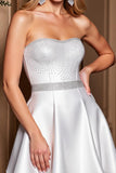 White Short Satin A Line Strapless Homecoming Dress with Rhinestone