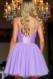 Purple Short Satin A Line Spaghetti Straps Homecoming Dress with Rhinestone