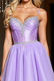 Purple Short Satin A Line Spaghetti Straps Homecoming Dress with Rhinestone