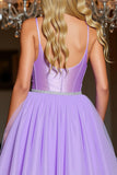Purple Short Satin A Line Spaghetti Straps Homecoming Dress with Rhinestone
