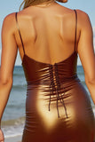Coffee Spaghetti Straps Metallic Satin Bodycon Homecoming Dress with Slit