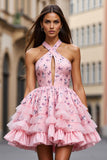 Pink Floral A Line Keyhole Short Homecoming Dress with Ruffles