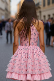 Pink Floral A Line Keyhole Short Homecoming Dress with Ruffles