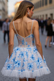 White Blue Floral A Line Spaghetti Straps Short Homecoming Dress with Ruffles