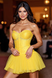 Sparkly Yellow Strapless A Line Short Homecoming Dress with Beading