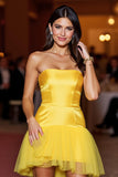 Yellow Satin Strapless Short Homecoming Dress with Ruffles