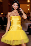 Yellow Satin Strapless Short Homecoming Dress with Ruffles