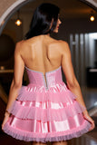 Sparkly Pink Strapless Ruffled Short Homecoming Dress with Beading