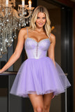 Sparkly Purple Tulle Spaghetti Straps A Line Short Homecoming Dress with Beading