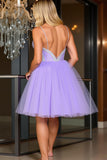 Sparkly Purple Tulle Spaghetti Straps A Line Short Homecoming Dress with Beading