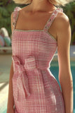 Pink Tweed Bodycon Square Neck Short Homecoming Dress with Bow