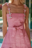 Tweed A Line Square Neck Short Pink Homecoming Dress with Ruffles