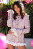 Pink Round Neck Fitted Tweed Bodycon Homecoming Dress with Ruffles