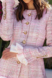 Pink Round Neck Fitted Tweed Bodycon Homecoming Dress with Ruffles