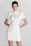Fitted Bodycon High Neck Short White Homecoming Dress with Pearls