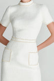 Fitted Bodycon High Neck Short White Homecoming Dress with Pearls