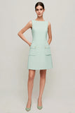 Green Satin A Line Crew Neck Short Work Dress with Pockets