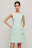 Green Satin A Line Crew Neck Short Work Dress with Pockets