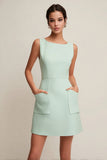 Satin A Line Short Green Work Dress with Pockets