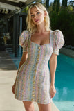 Tweed A Line Square Neck Short Pink Blue Homecoming Dress with Singel Breasted
