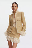 Tweed Bodycon High Neck Short Golden Homecoming Outfits with Lace