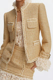 Tweed Bodycon High Neck Short Golden Homecoming Outfits with Lace