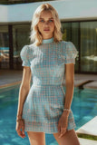 Tweed A Line High Neck Short Blue Homecoming Dress