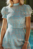 Tweed A Line High Neck Short Blue Homecoming Dress