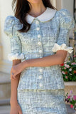 Blue Short Tweed Sheath Peter Pan Collar Homecoming Outfits