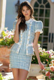 Short Tweed Bodycon Blue Homecoming Outfits with Pearls